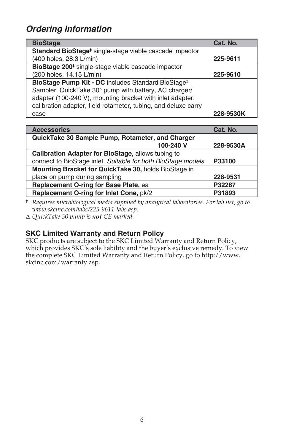 Ordering information, Skc limited warranty and return policy | SKC 225-9611 BioStage Single-stage Bioaerosol Impactor User Manual | Page 6 / 8