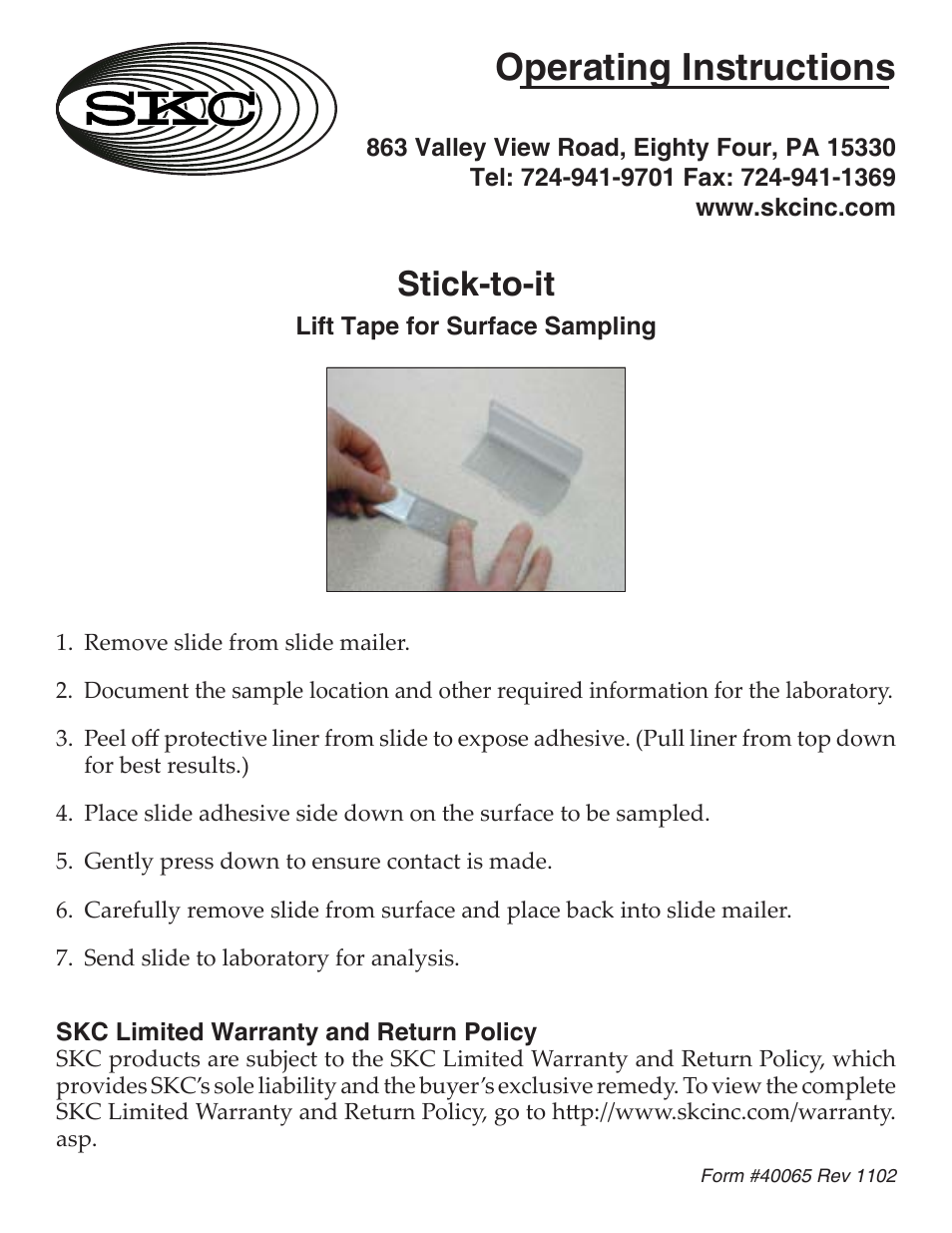 SKC 225-9808 Stick-to-it Lift Tape for Surface Sampling User Manual | 1 page