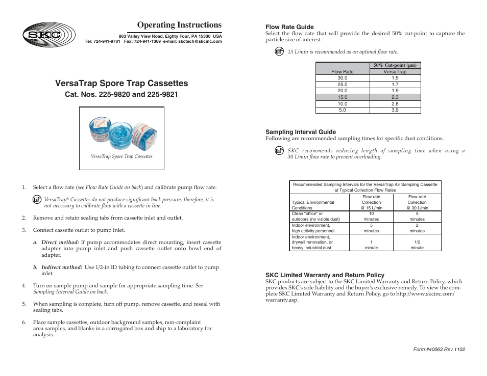 SKC 225-9820 VersaTrap Sampling Cassette User Manual | 1 page