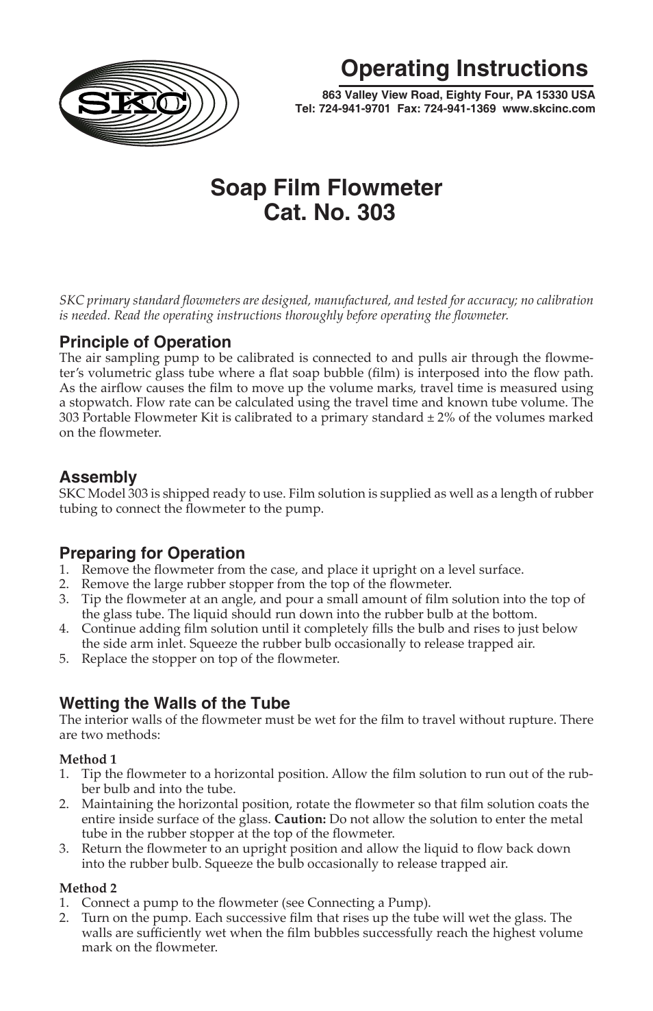 SKC 303 Film Flowmeter User Manual | 4 pages