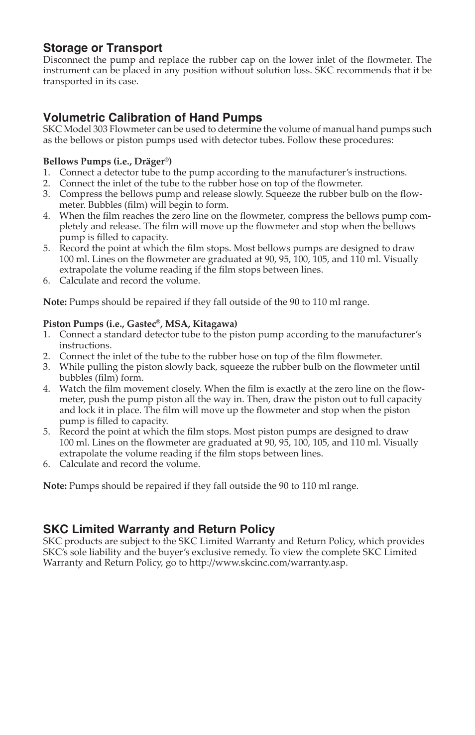 Storage or transport, Volumetric calibration of hand pumps, Skc limited warranty and return policy | SKC 303 Film Flowmeter User Manual | Page 3 / 4