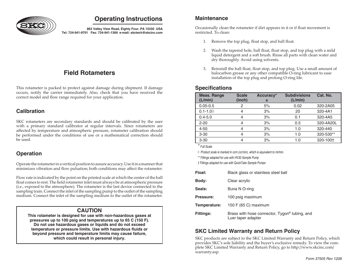 SKC 320 Field Rotameter User Manual | 1 page