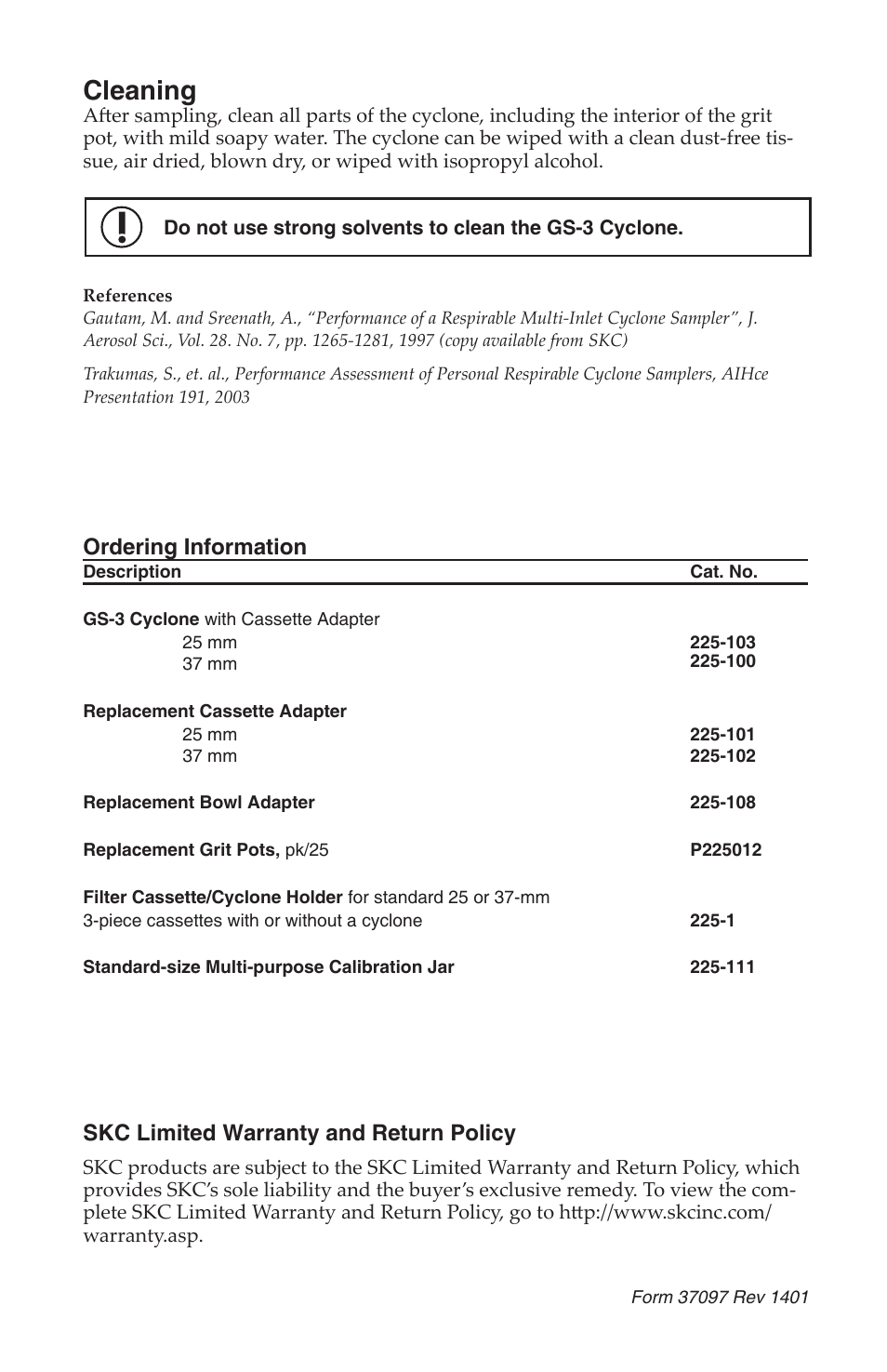 Cleaning, Skc limited warranty and return policy, Ordering information | SKC 225-100 GS-3 Cyclone User Manual | Page 4 / 4