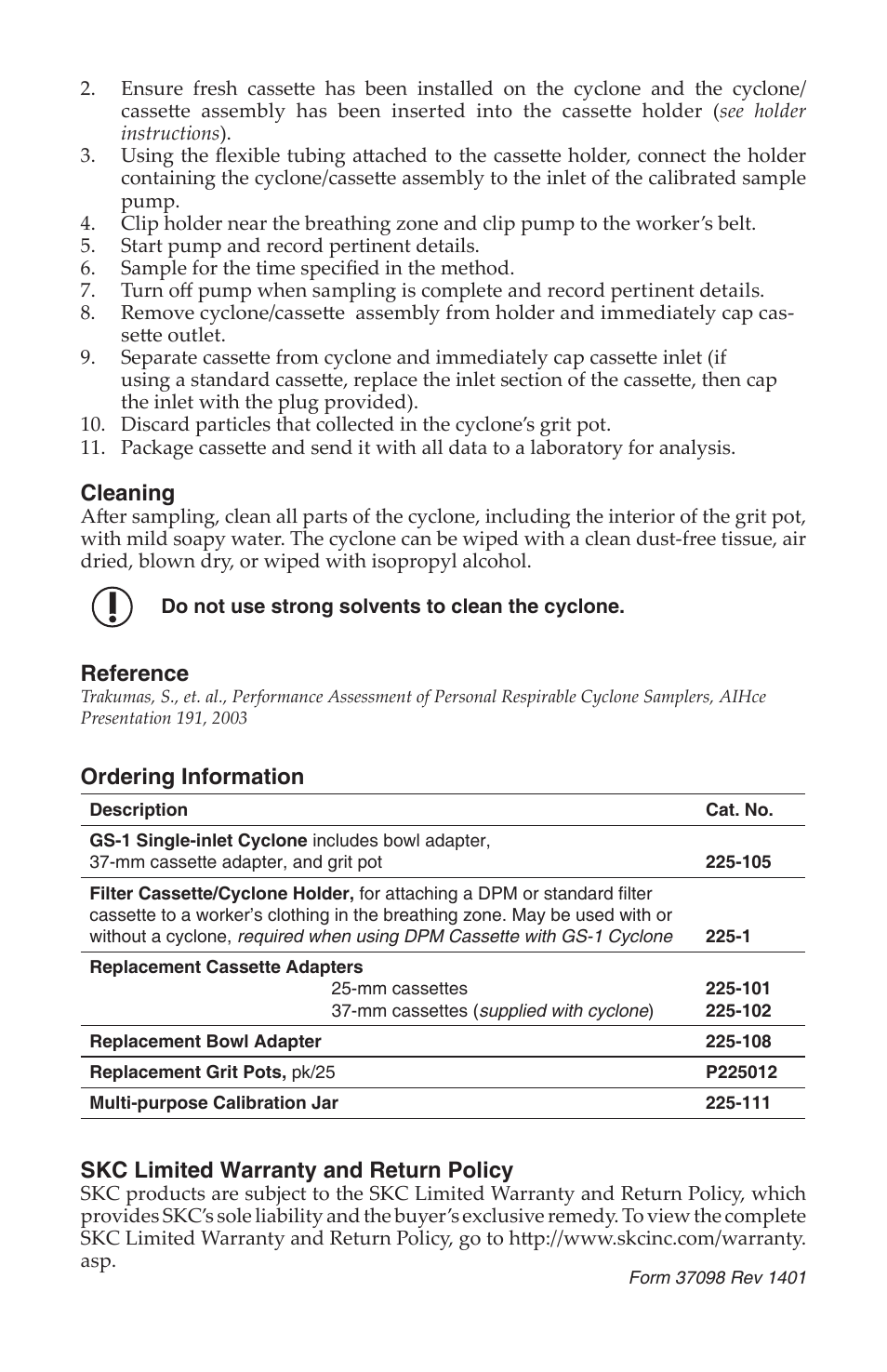 Cleaning, Reference, Ordering information | Skc limited warranty and return policy | SKC 225-105 GS-1 Cyclone User Manual | Page 4 / 4