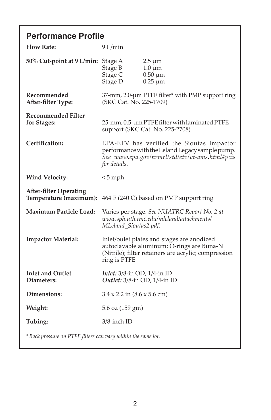 Performance profi le | SKC 225-370 Sioutas Cascade Impactor User Manual | Page 2 / 12