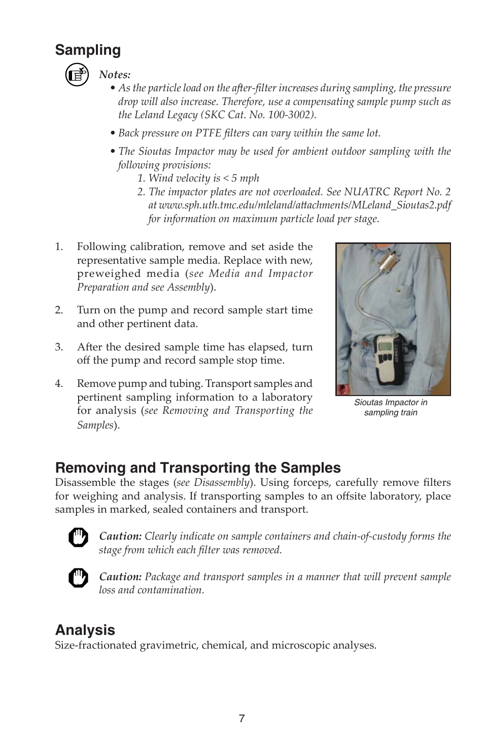 Sampling, Removing and transporting the samples, Analysis | SKC 225-370 Sioutas Cascade Impactor User Manual | Page 7 / 12