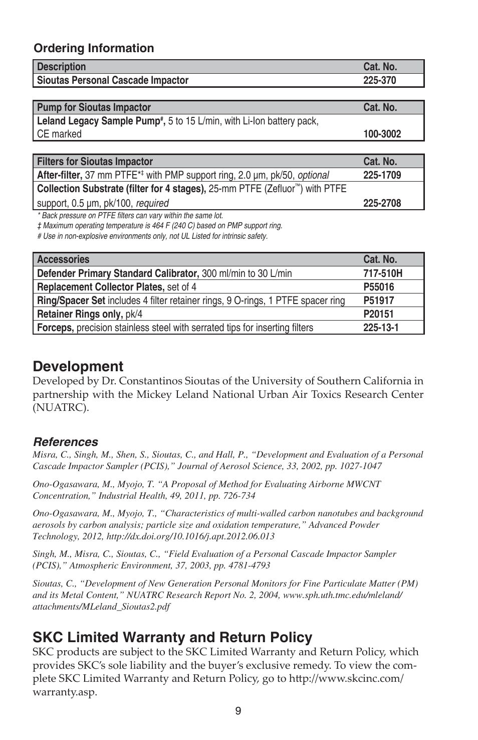 Development, Skc limited warranty and return policy, Ordering information | References | SKC 225-370 Sioutas Cascade Impactor User Manual | Page 9 / 12