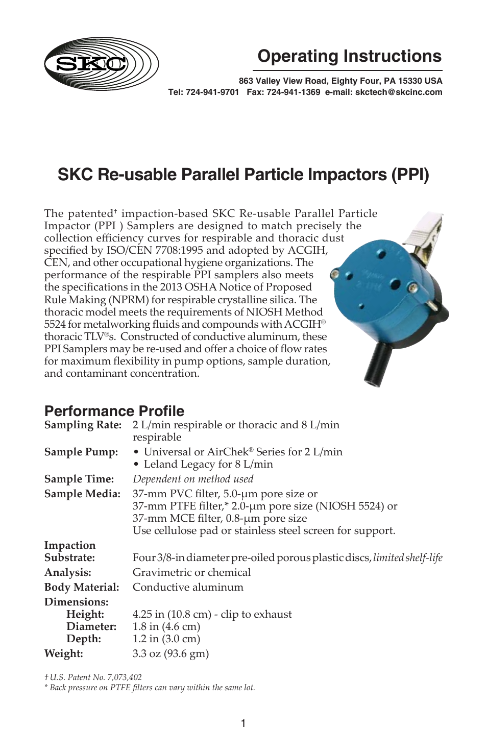 SKC 225-380 Parallel Particle Impactor User Manual | 8 pages