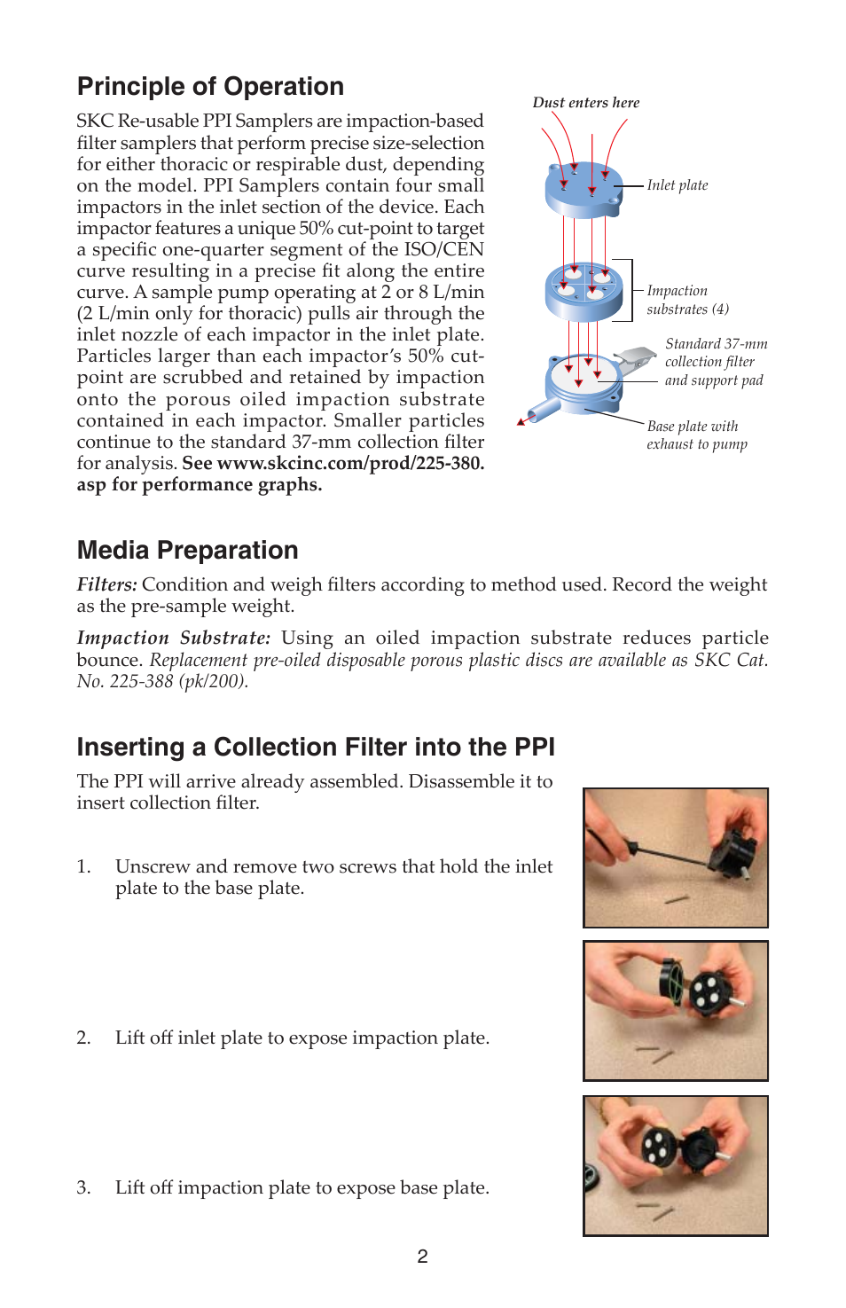 Principle of operation, Media preparation, Inserting a collection filter into the ppi | SKC 225-380 Parallel Particle Impactor User Manual | Page 2 / 8