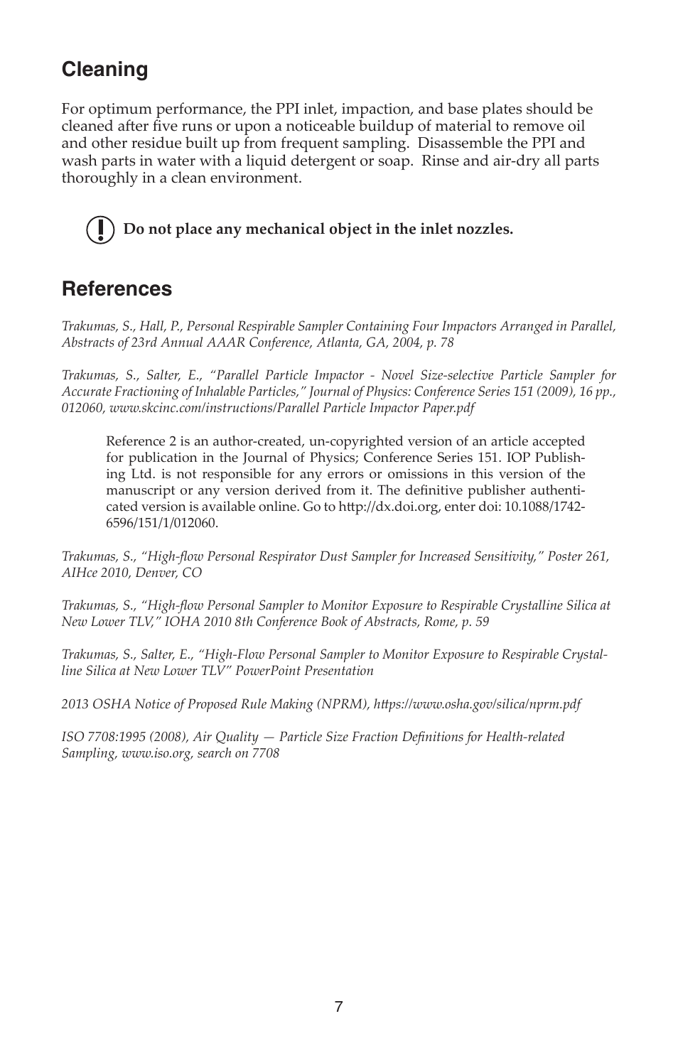 Cleaning, References | SKC 225-380 Parallel Particle Impactor User Manual | Page 7 / 8