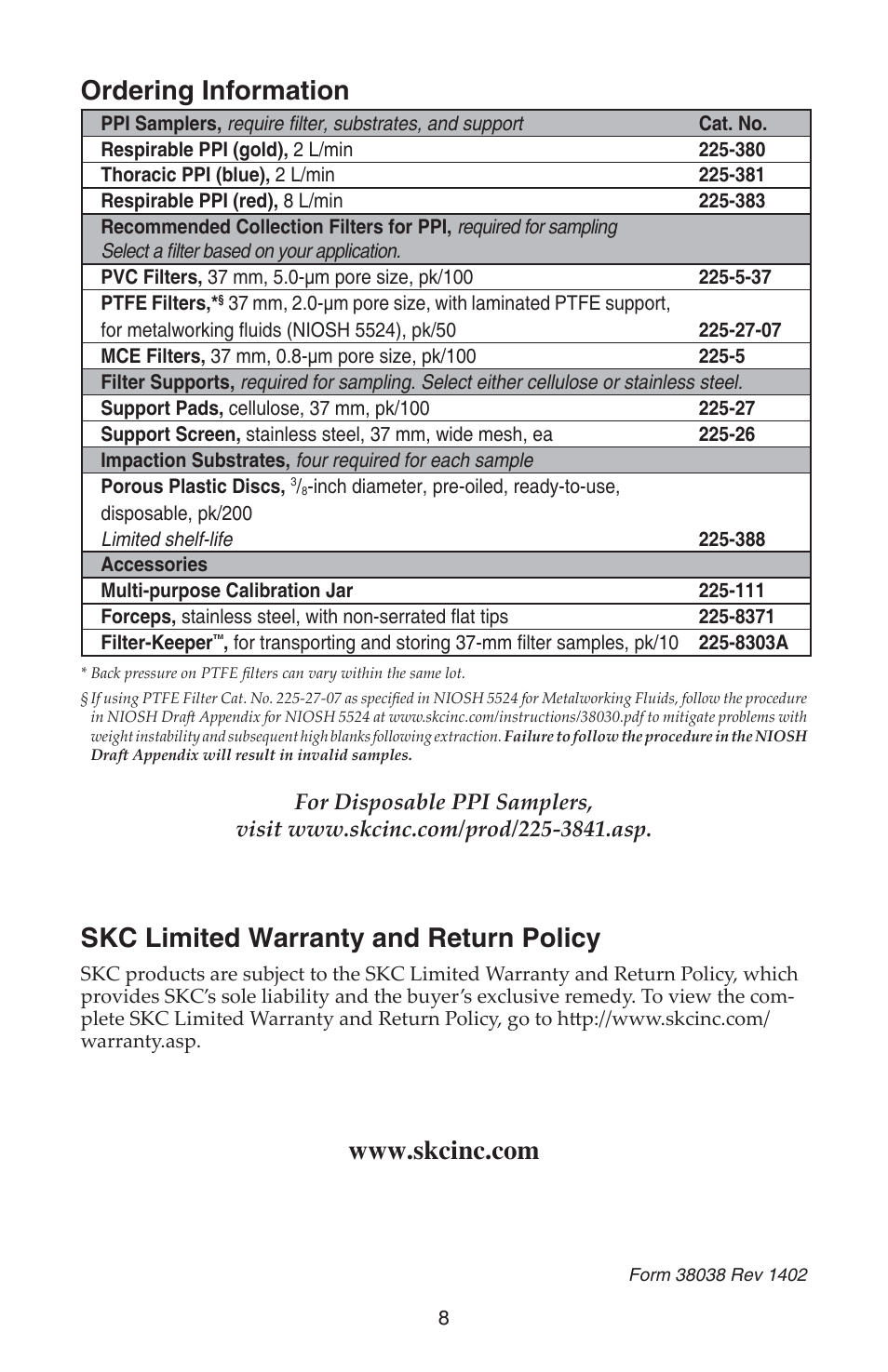 Ordering information, Skc limited warranty and return policy | SKC 225-380 Parallel Particle Impactor User Manual | Page 8 / 8