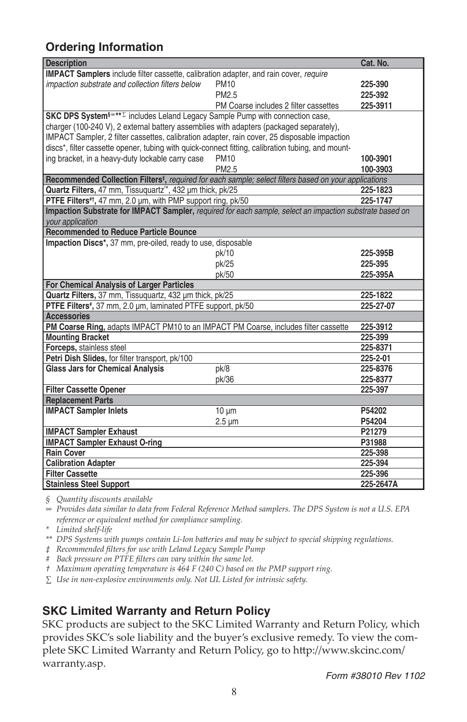 Ordering information, Skc limited warranty and return policy | SKC 225-390 IMPACT Sampler User Manual | Page 8 / 8