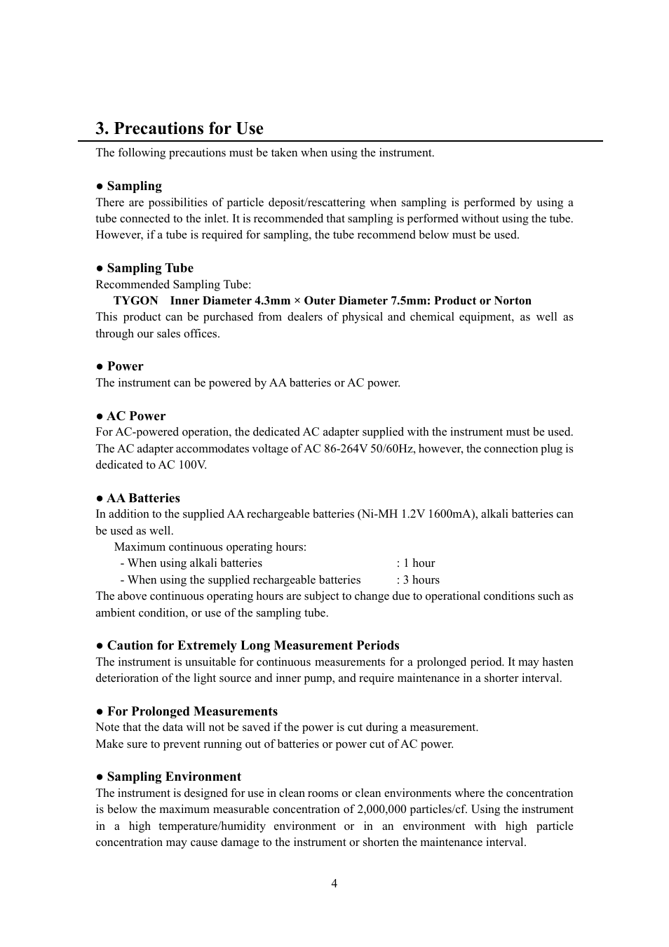 Precautions for use | KANOMAX 3887 Handheld Particle Counter User Manual | Page 11 / 46