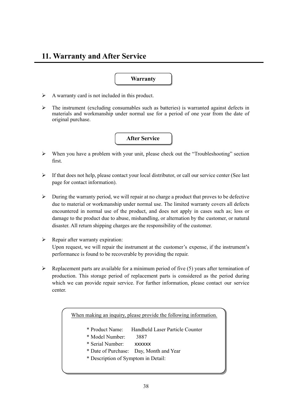 Warranty and after service | KANOMAX 3887 Handheld Particle Counter User Manual | Page 45 / 46