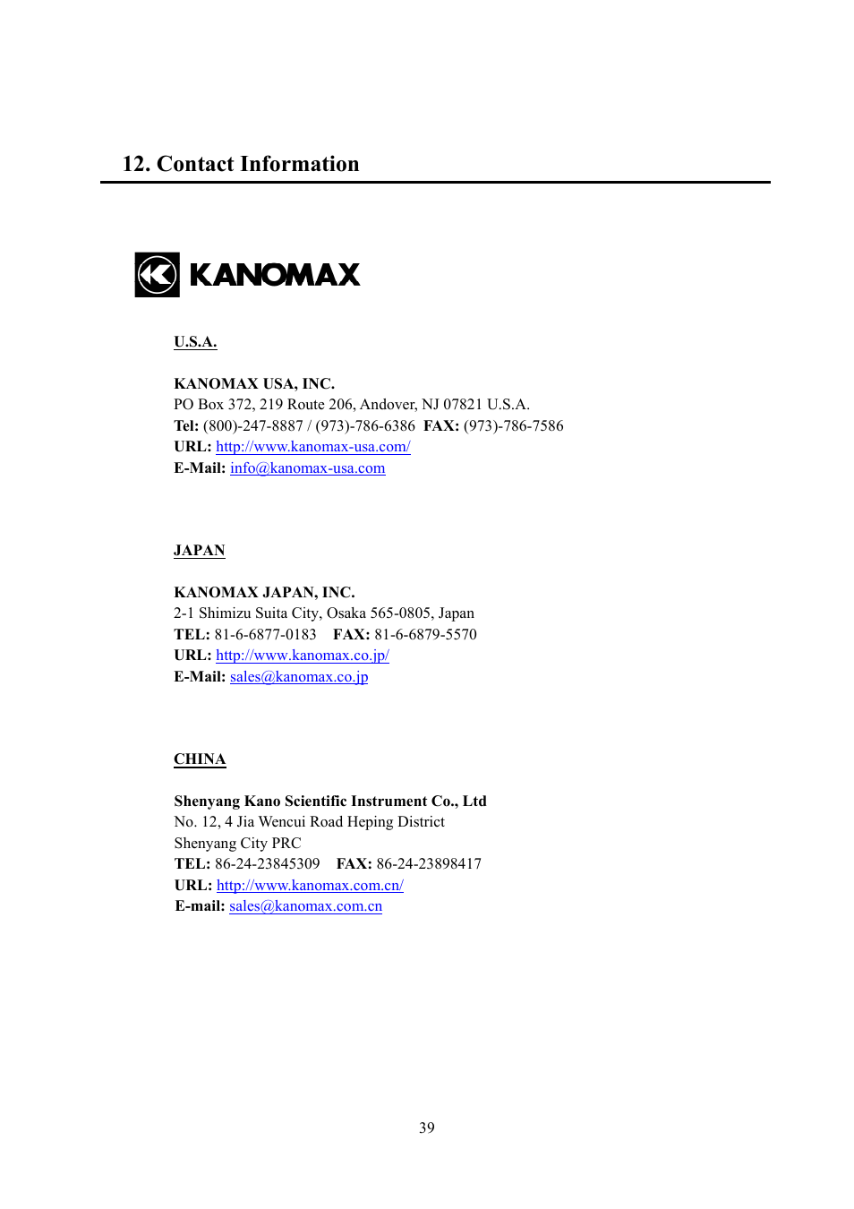 Contact information | KANOMAX 3887 Handheld Particle Counter User Manual | Page 46 / 46