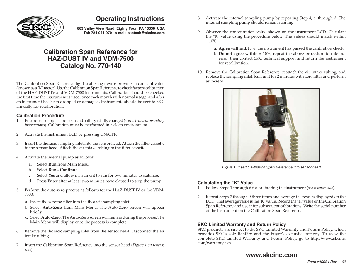 SKC 770-140 Calibration Span Reference for HAZ-DUST IV and VDM-7500 User Manual | 1 page