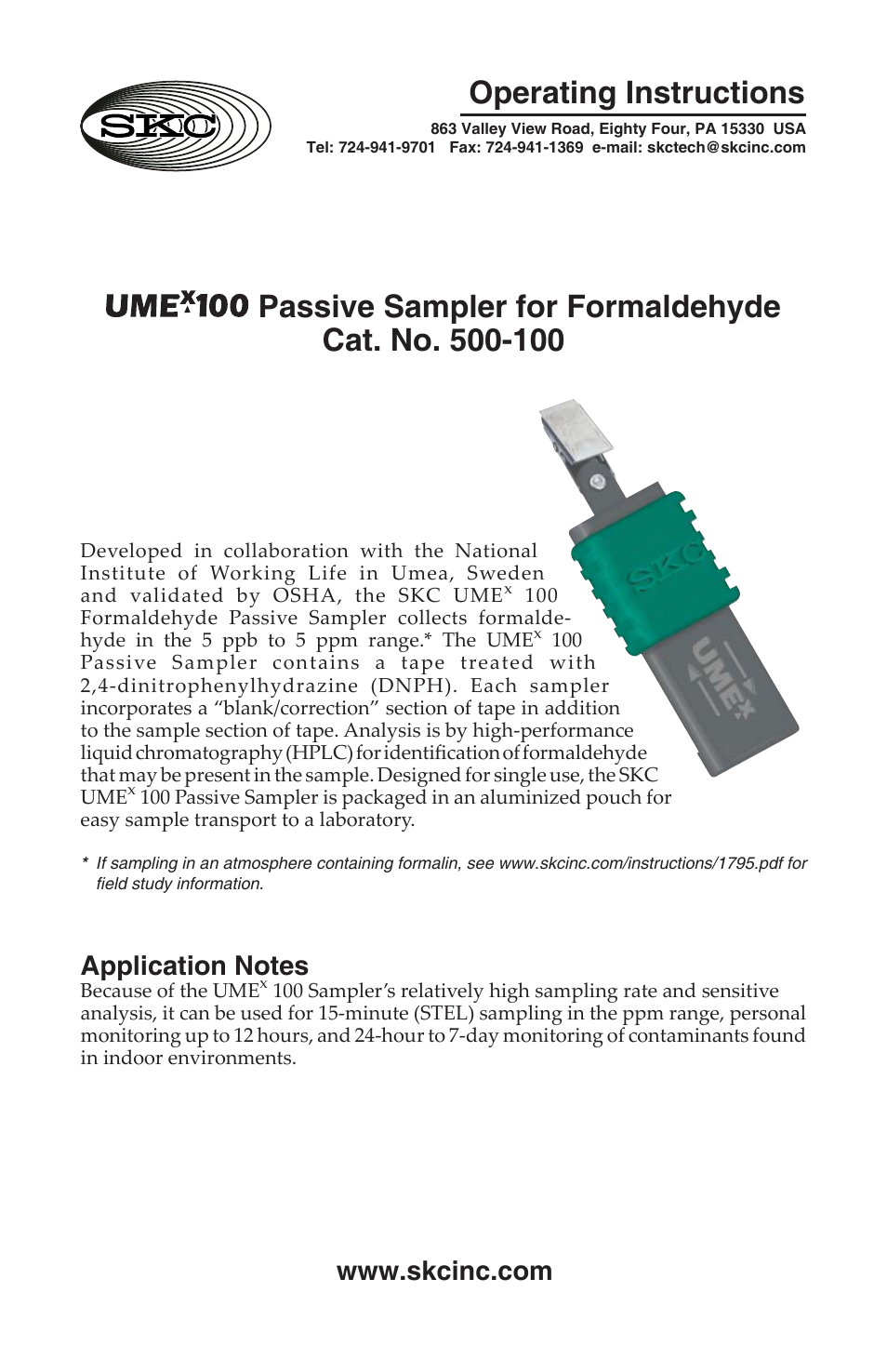 SKC 500-100 UMEx 100 Passive Sampler for Formaldehyde User Manual | 4 pages