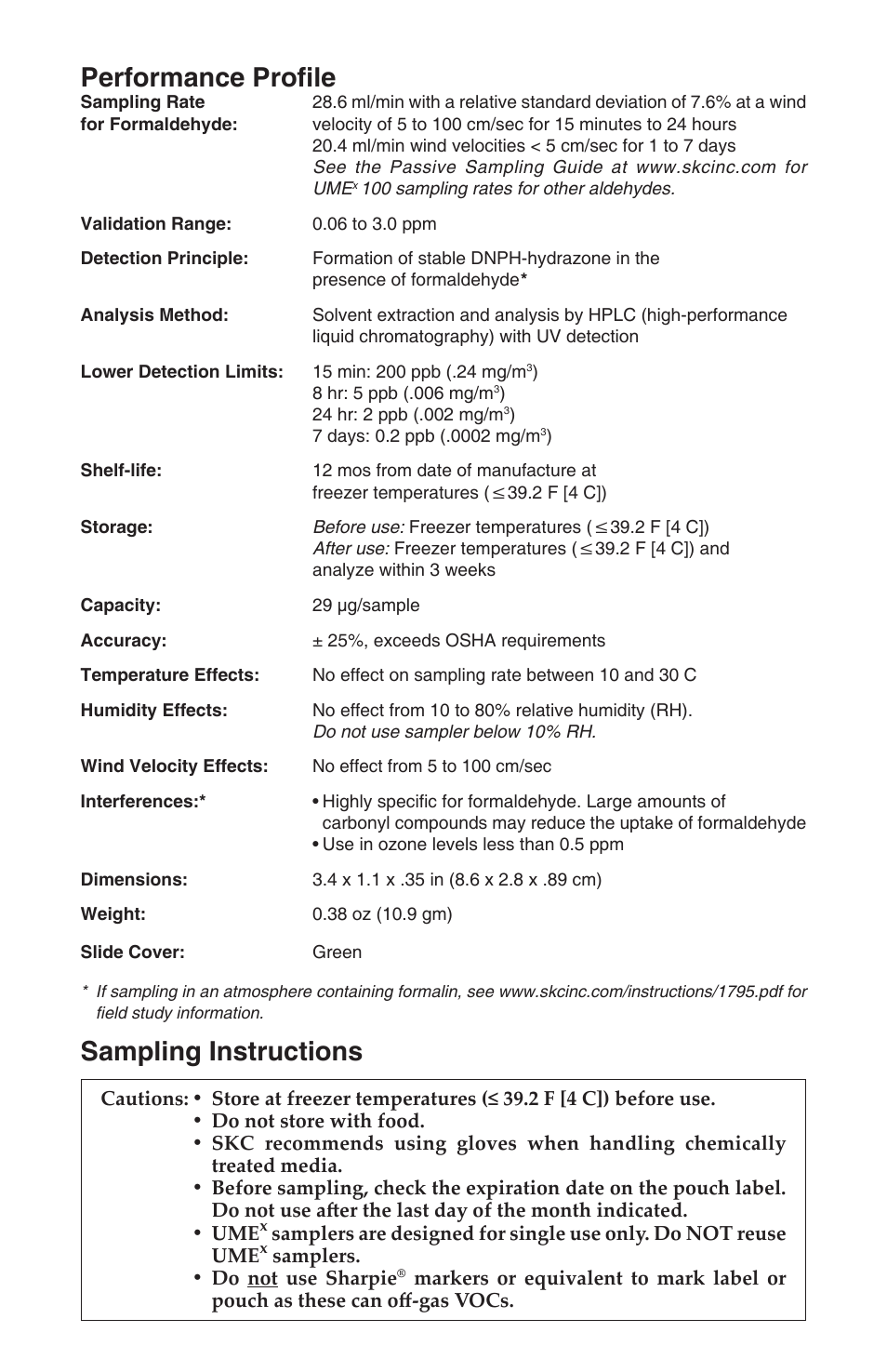 Performance profi le, Sampling instructions | SKC 500-100 UMEx 100 Passive Sampler for Formaldehyde User Manual | Page 2 / 4