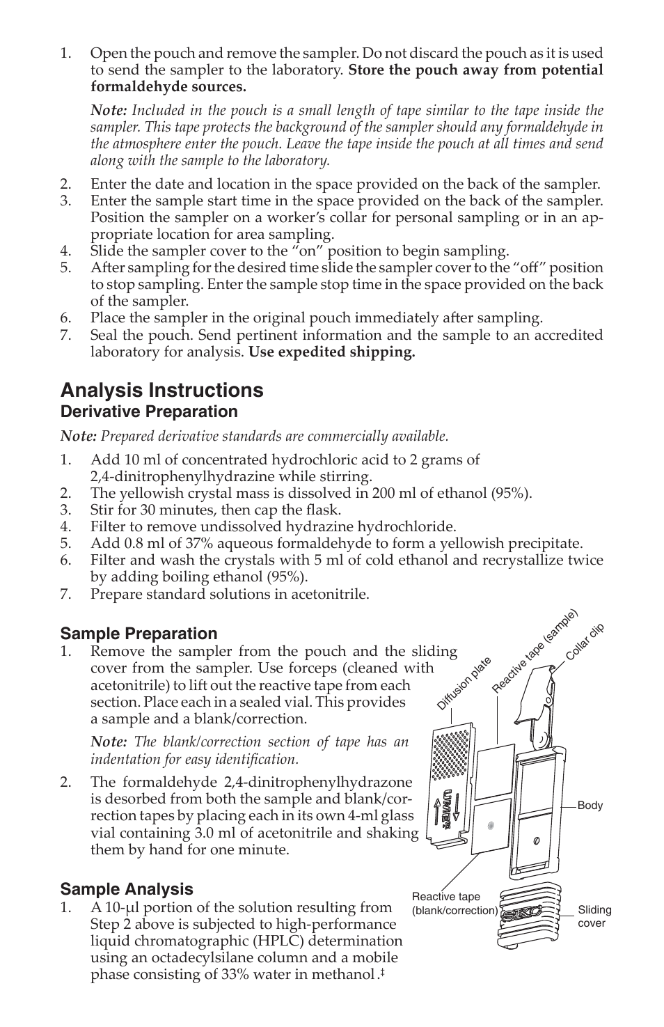 Analysis instructions, Derivative preparation, Sample preparation | Sample analysis | SKC 500-100 UMEx 100 Passive Sampler for Formaldehyde User Manual | Page 3 / 4