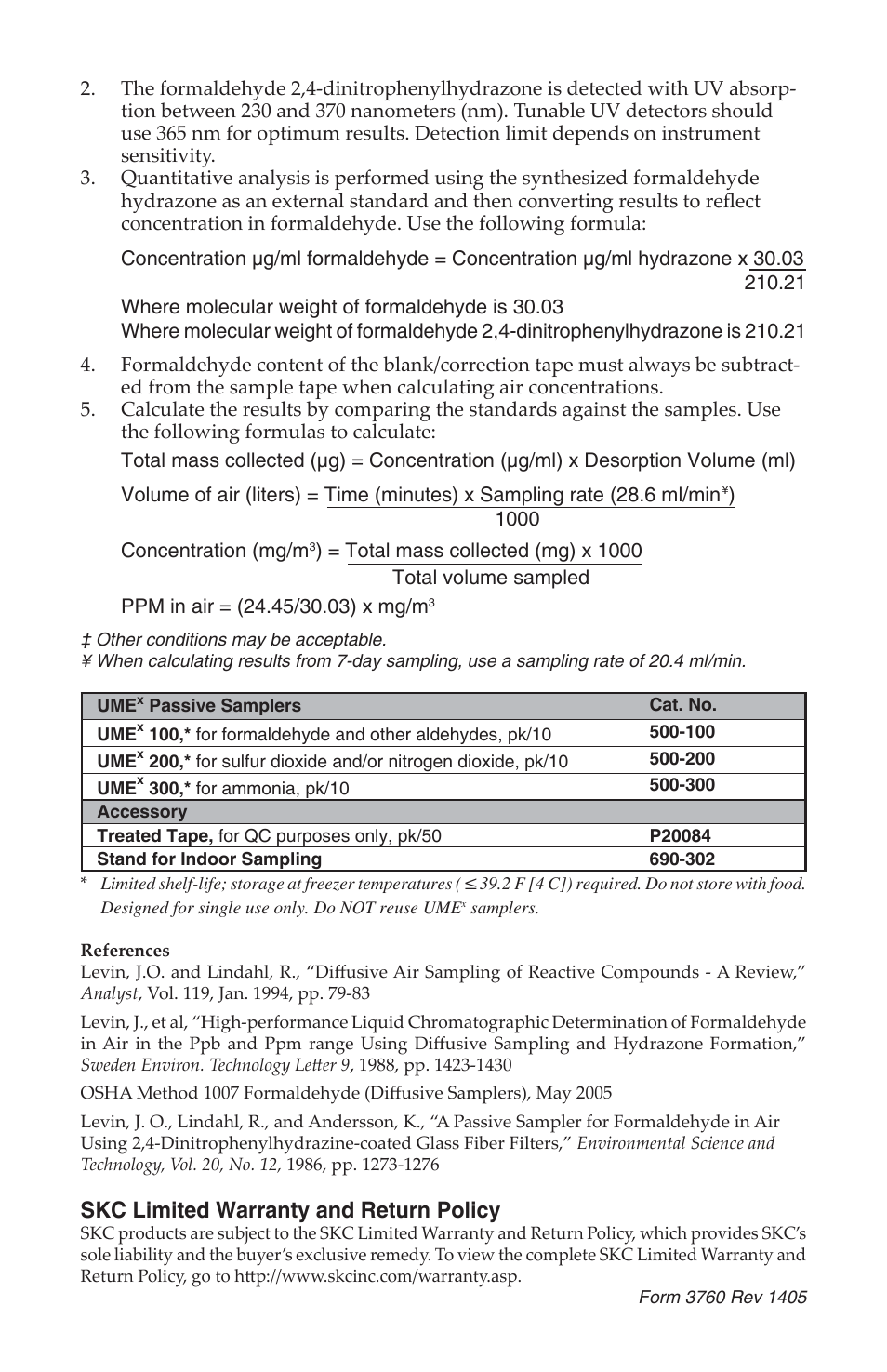 Skc limited warranty and return policy | SKC 500-100 UMEx 100 Passive Sampler for Formaldehyde User Manual | Page 4 / 4