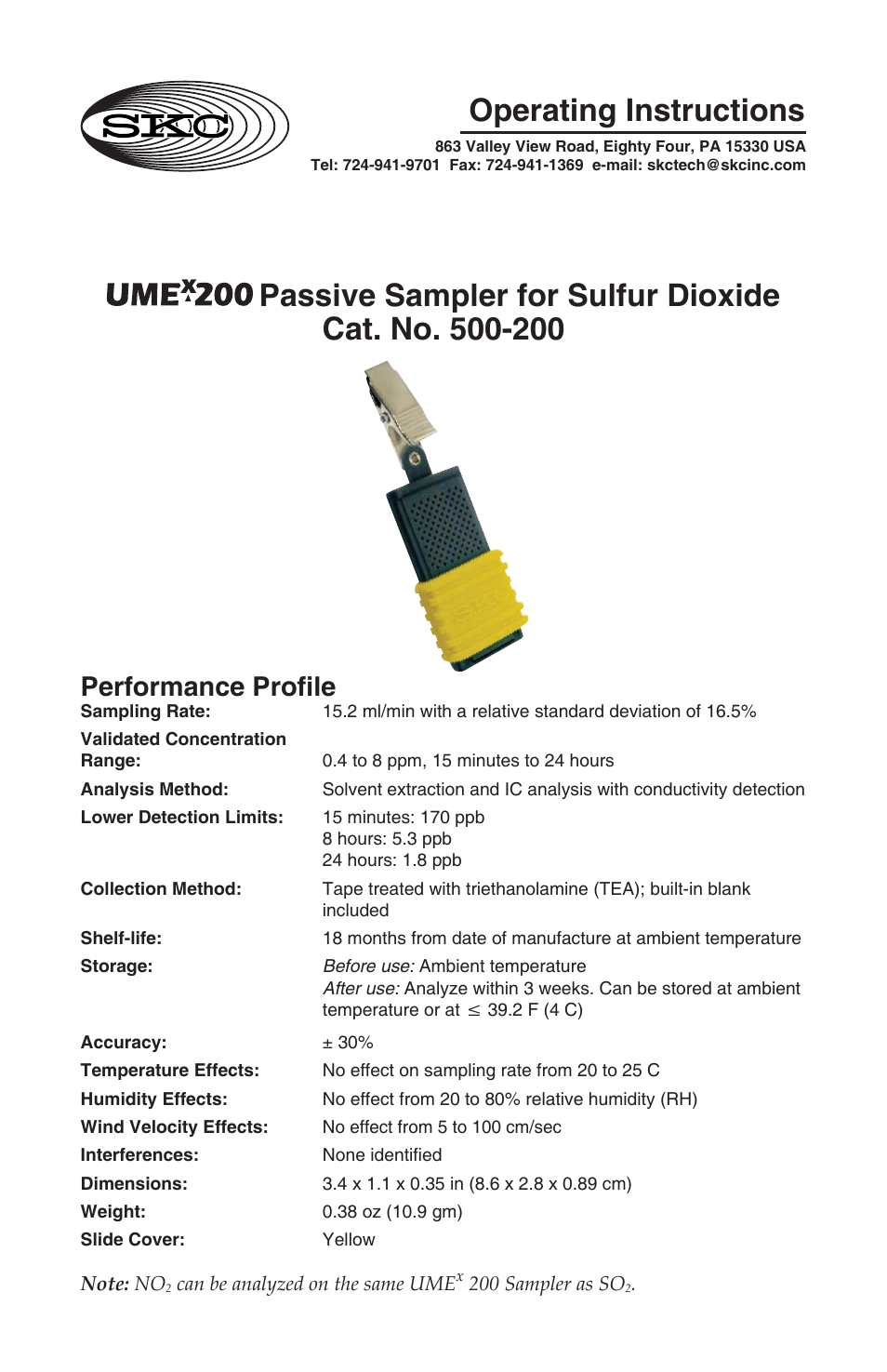 SKC 500-200 UMEx 200 Passive Sampler for Sulfur Dioxide User Manual | 4 pages