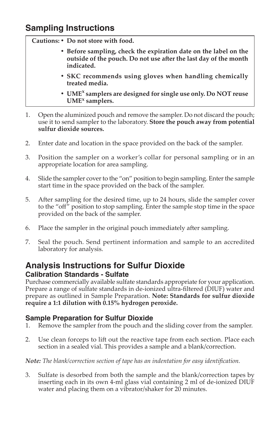 Sampling instructions, Analysis instructions for sulfur dioxide | SKC 500-200 UMEx 200 Passive Sampler for Sulfur Dioxide User Manual | Page 2 / 4