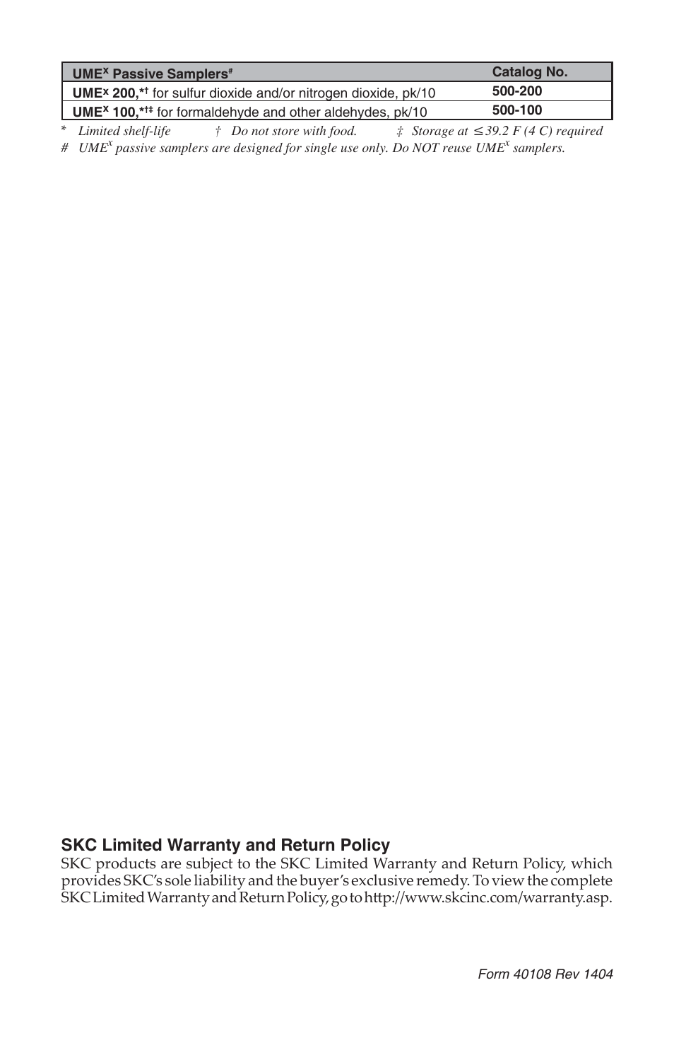 Skc limited warranty and return policy | SKC 500-200 UMEx 200 Passive Sampler for Sulfur Dioxide User Manual | Page 4 / 4