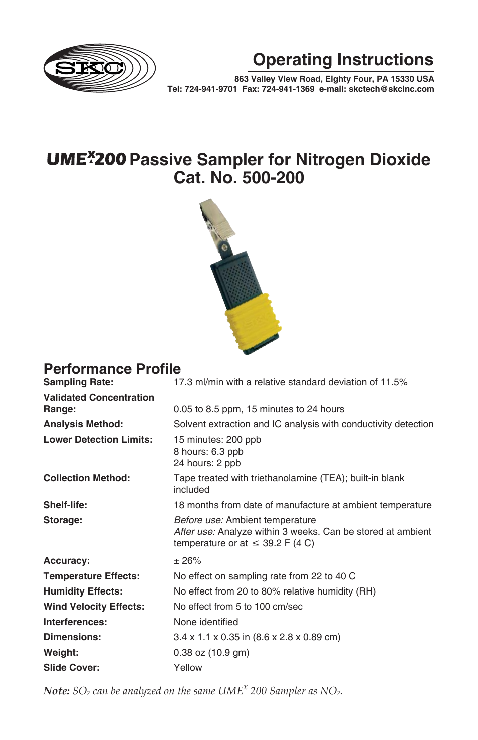 SKC 500-200 UMEx 200 Passive Sampler for Nitrogen Dioxide User Manual | 4 pages