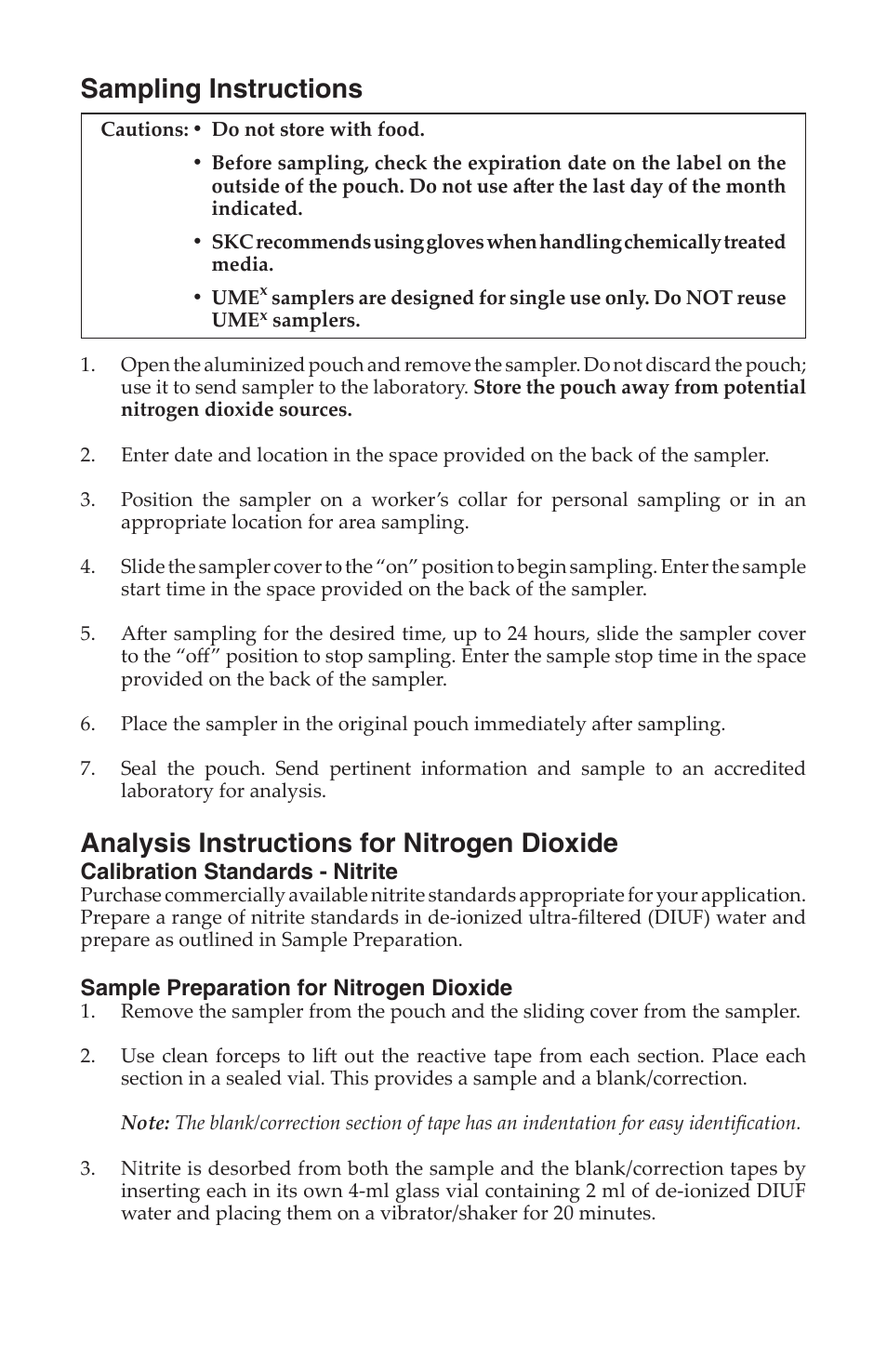 Sampling instructions, Analysis instructions for nitrogen dioxide | SKC 500-200 UMEx 200 Passive Sampler for Nitrogen Dioxide User Manual | Page 2 / 4