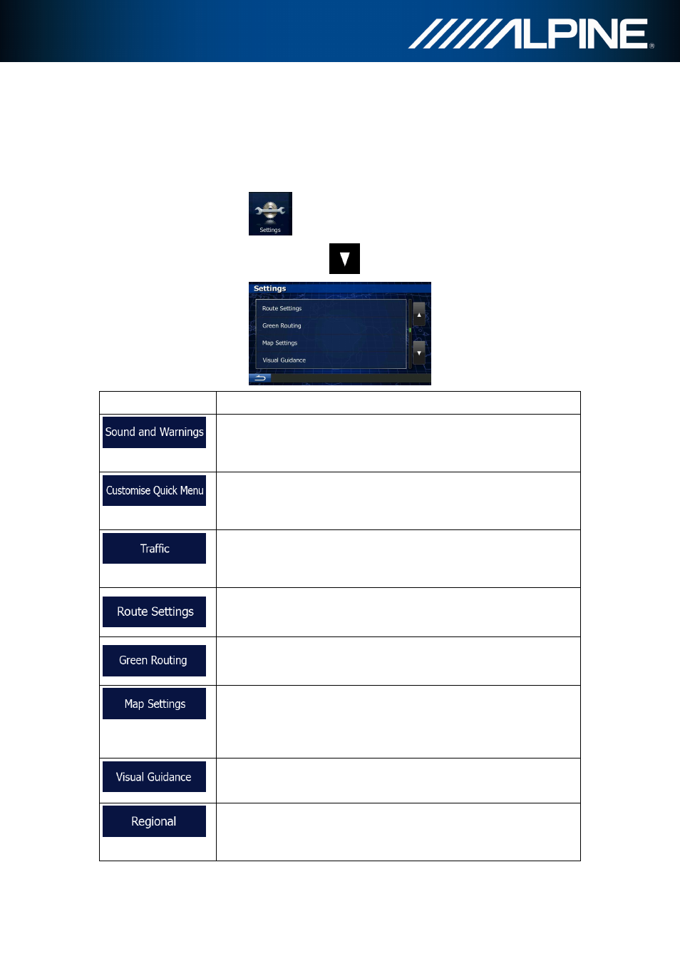 3 settings menu, Button description | Alpine INA-W910R User Manual | Page 67 / 80