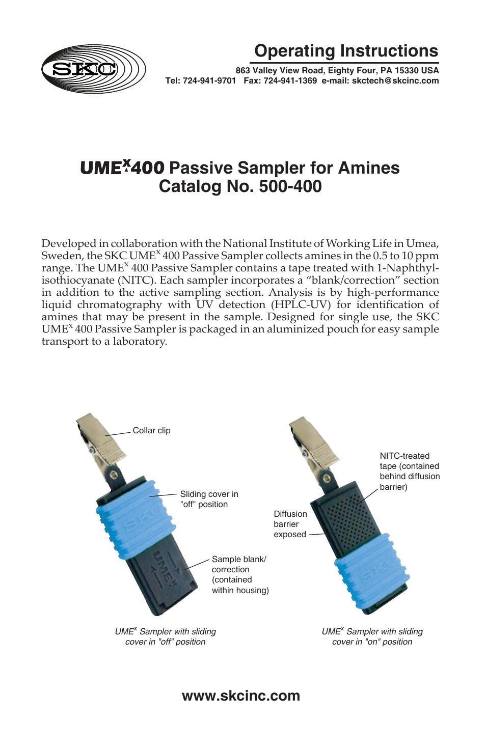 SKC 500-400 UMEx 400 Passive Sampler for Amines User Manual | 4 pages