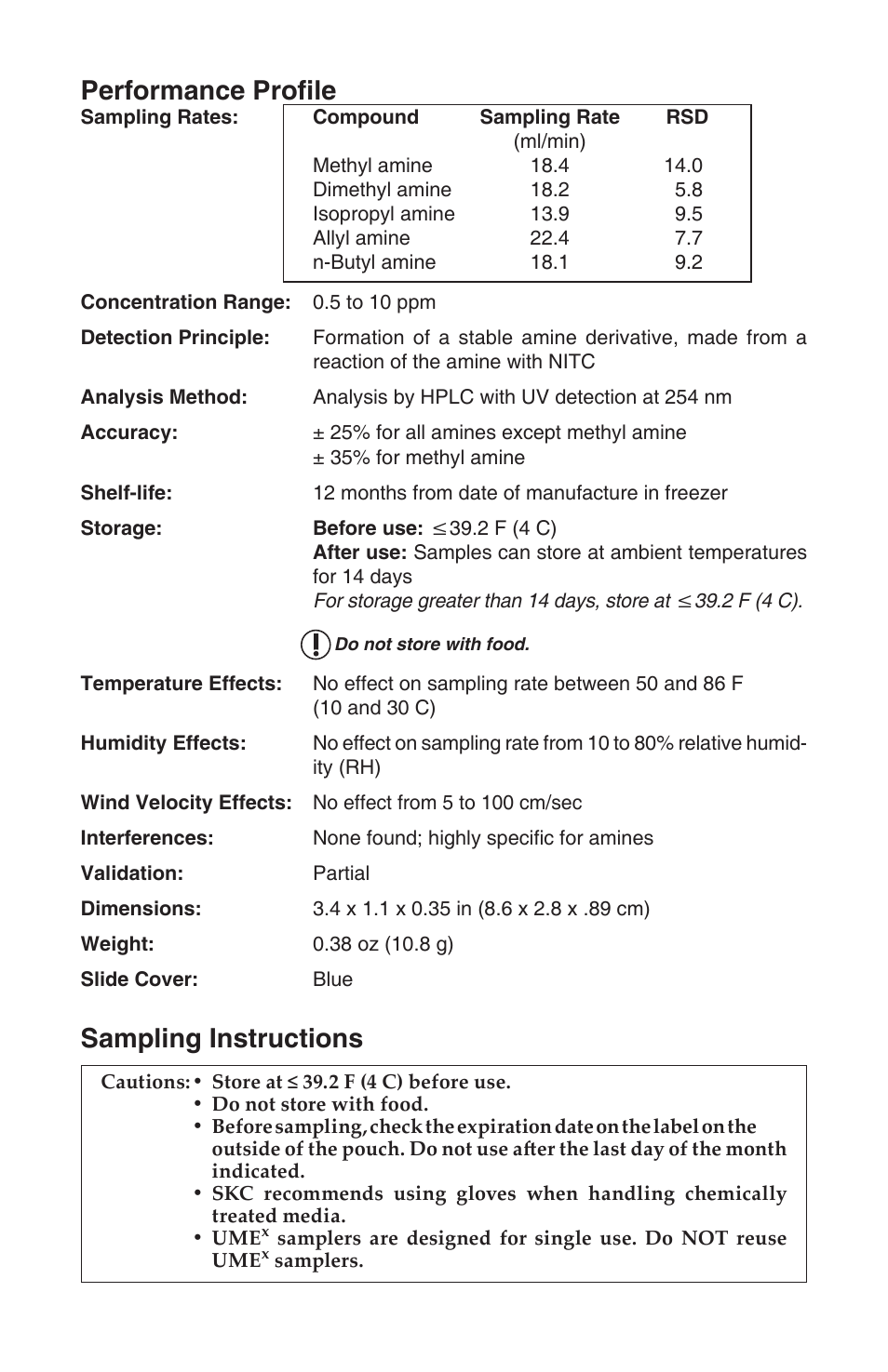 Performance profi le, Sampling instructions | SKC 500-400 UMEx 400 Passive Sampler for Amines User Manual | Page 2 / 4