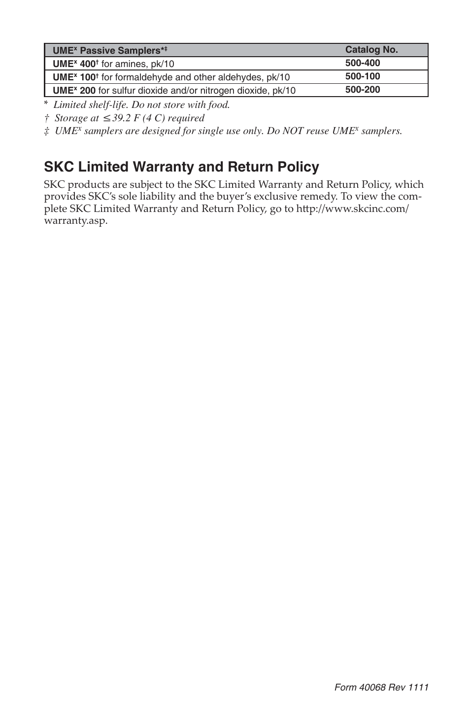 Skc limited warranty and return policy | SKC 500-400 UMEx 400 Passive Sampler for Amines User Manual | Page 4 / 4