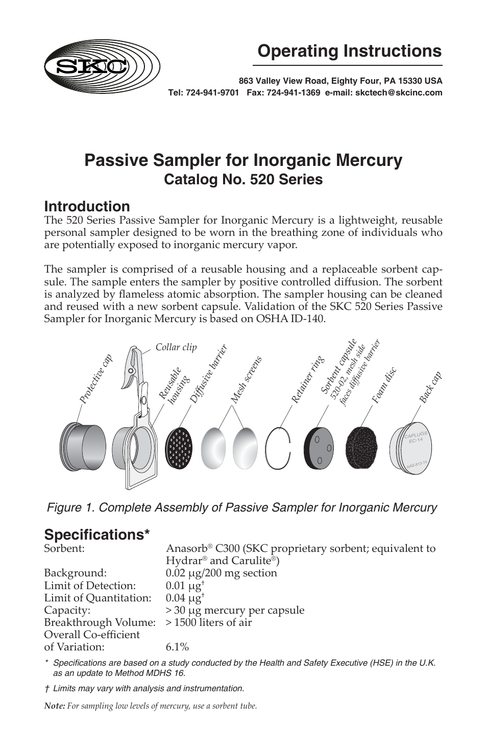 SKC 520-02A Inorganic Mercury Passive Sampler User Manual | 4 pages