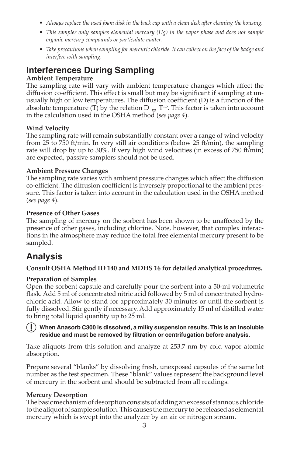 Interferences during sampling, Analysis | SKC 520-02A Inorganic Mercury Passive Sampler User Manual | Page 3 / 4