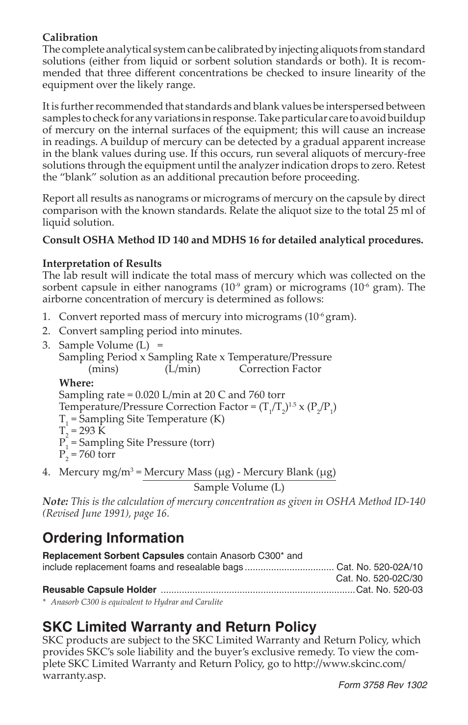 Ordering information, Skc limited warranty and return policy | SKC 520-02A Inorganic Mercury Passive Sampler User Manual | Page 4 / 4