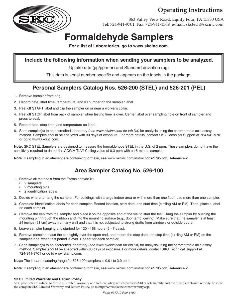 SKC 526-200_201 Personal Formaldehyde Passive Sampler User Manual | 1 page