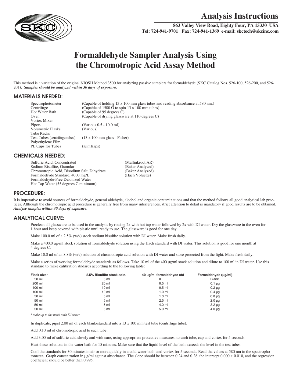 SKC 526-200_201 Analysis Instructions Using the Chromotropic Acid Assay Method User Manual | 2 pages