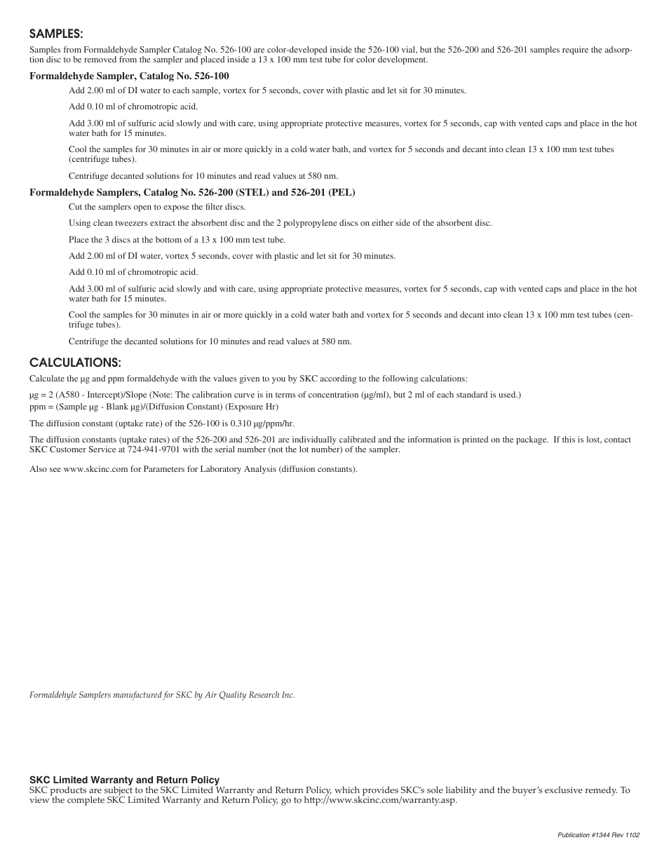 Samples, Calculations | SKC 526-200_201 Analysis Instructions Using the Chromotropic Acid Assay Method User Manual | Page 2 / 2