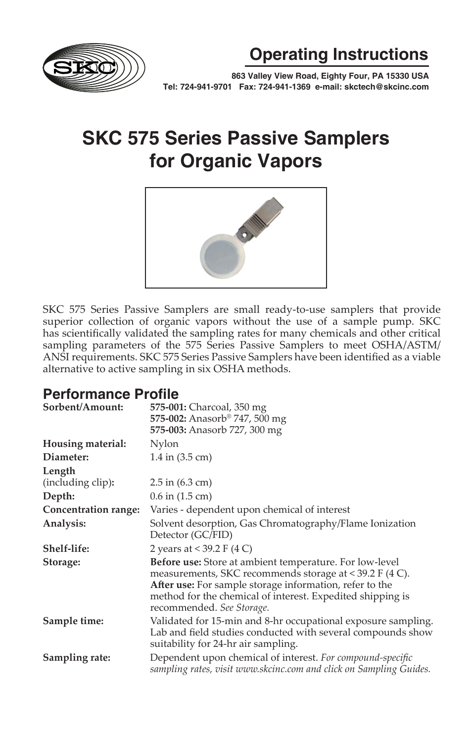 SKC 575 Series Passive Samplers for Organic Vapors User Manual | 4 pages