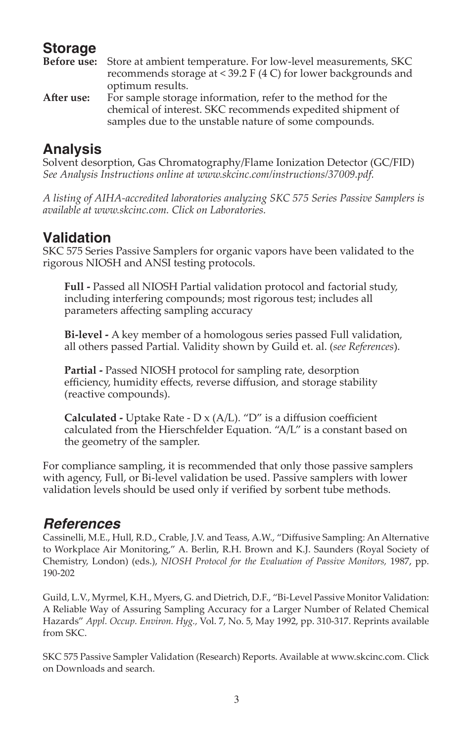 Storage, Analysis, Validation | References | SKC 575 Series Passive Samplers for Organic Vapors User Manual | Page 3 / 4