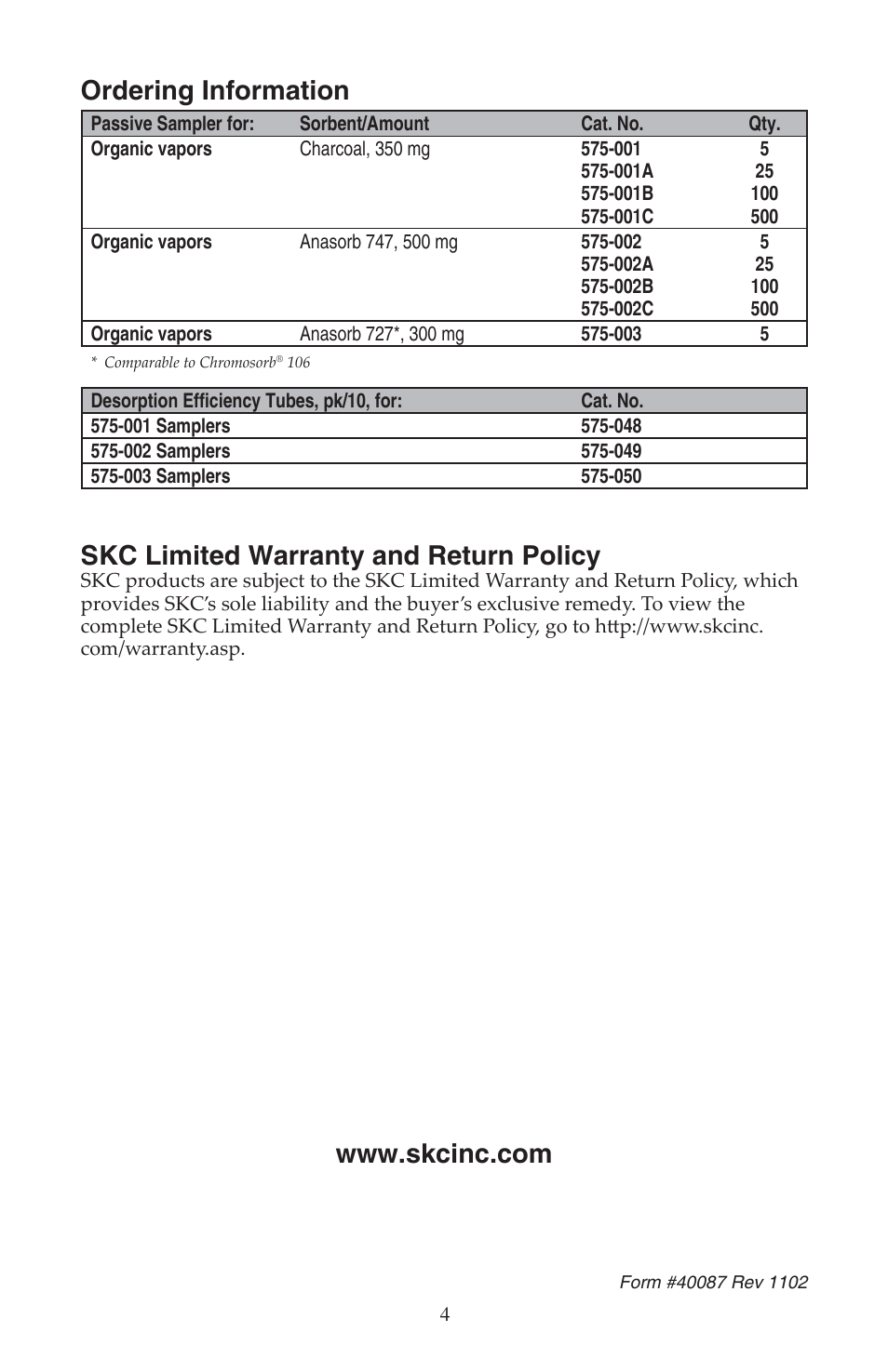 Ordering information | SKC 575 Series Passive Samplers for Organic Vapors User Manual | Page 4 / 4