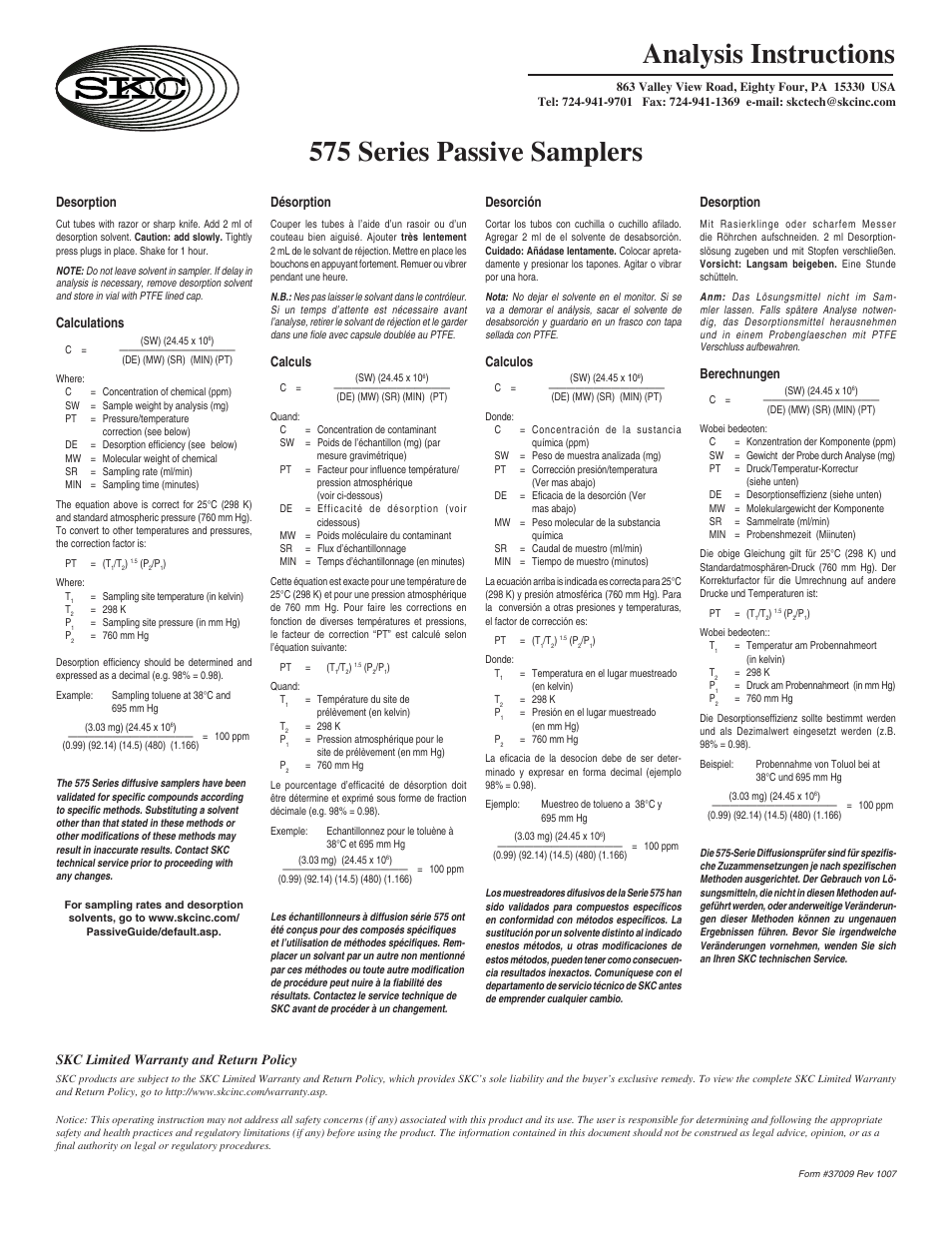 SKC 575 Series Passive Sampler Analysis Instructions User Manual | 1 page