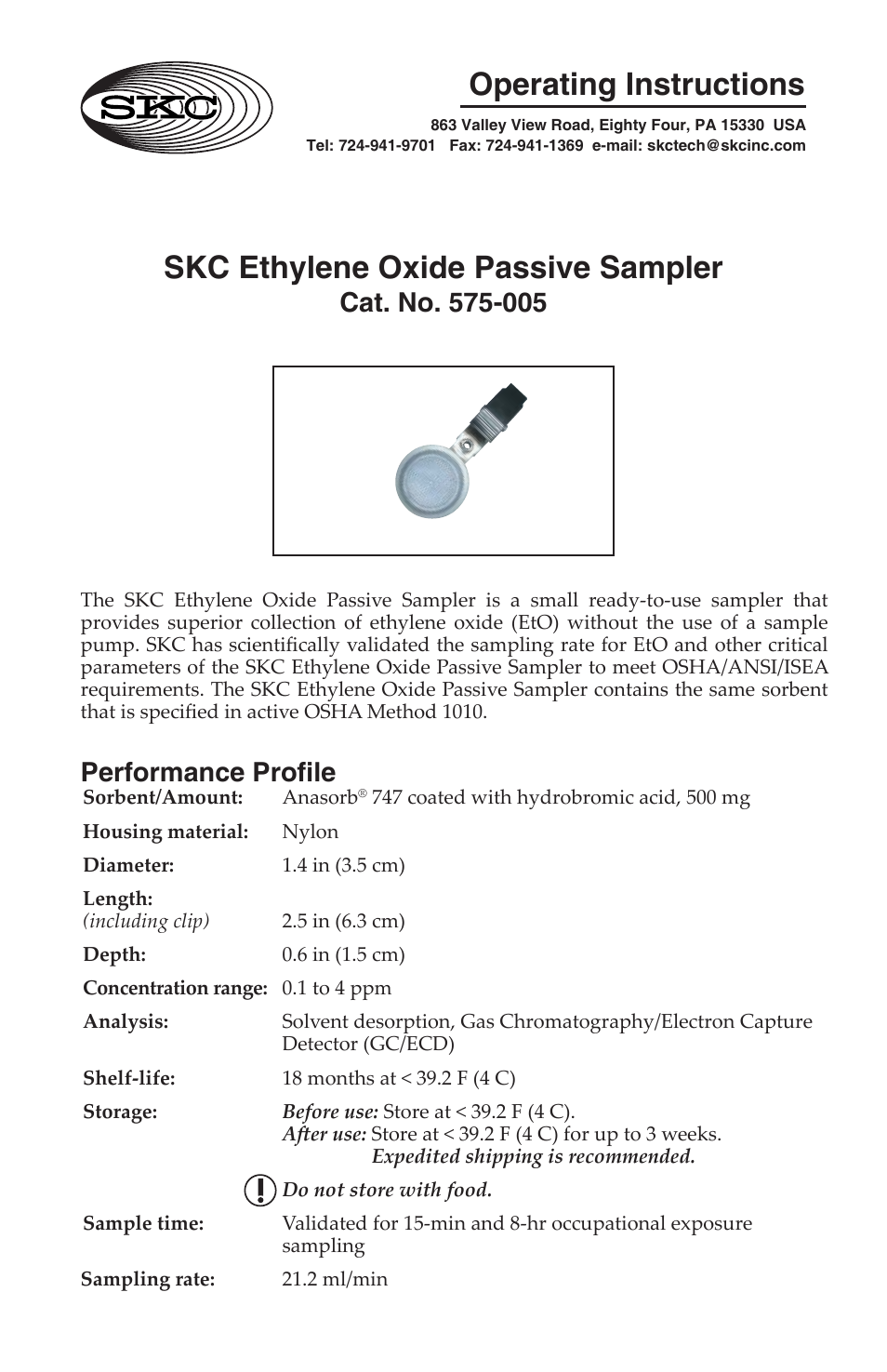 SKC 575-005 Series Passive Sampler User Manual | 4 pages