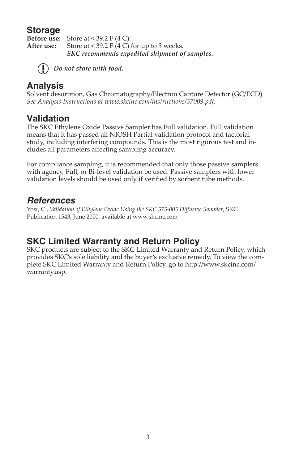 Storage, Analysis, Validation | References, Skc limited warranty and return policy | SKC 575-005 Series Passive Sampler User Manual | Page 3 / 4