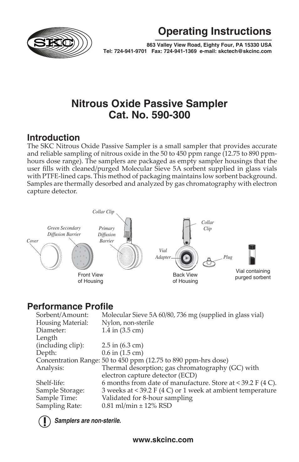 SKC 590-300 Nitrous Oxide Passive Sampler User Manual | 4 pages