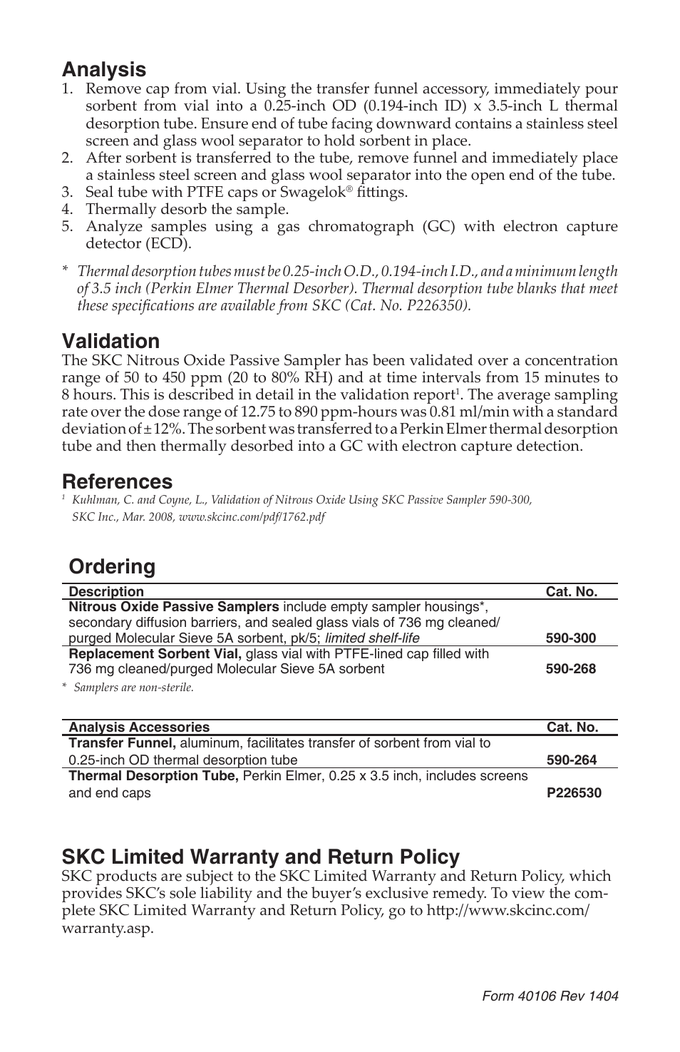 Analysis, Validation, References | Ordering, Skc limited warranty and return policy | SKC 590-300 Nitrous Oxide Passive Sampler User Manual | Page 4 / 4