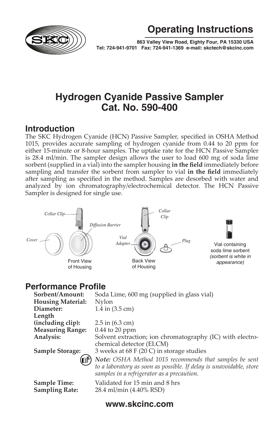 SKC 590-400 Hydrogen Cyanide Passive Sampler User Manual | 4 pages