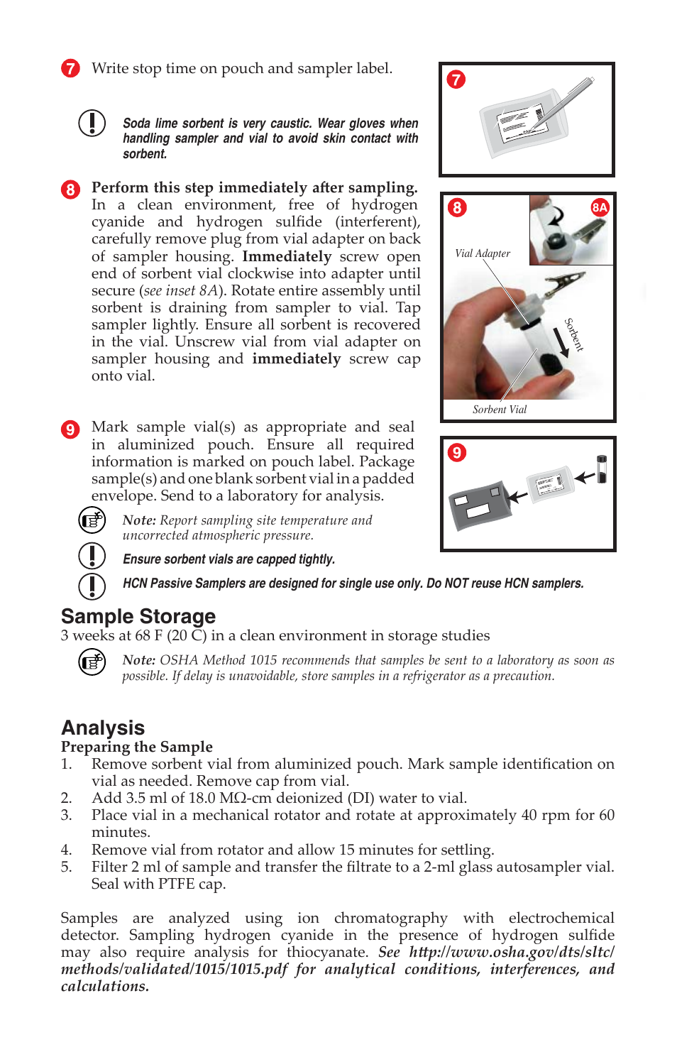 Sample storage, Analysis | SKC 590-400 Hydrogen Cyanide Passive Sampler User Manual | Page 3 / 4