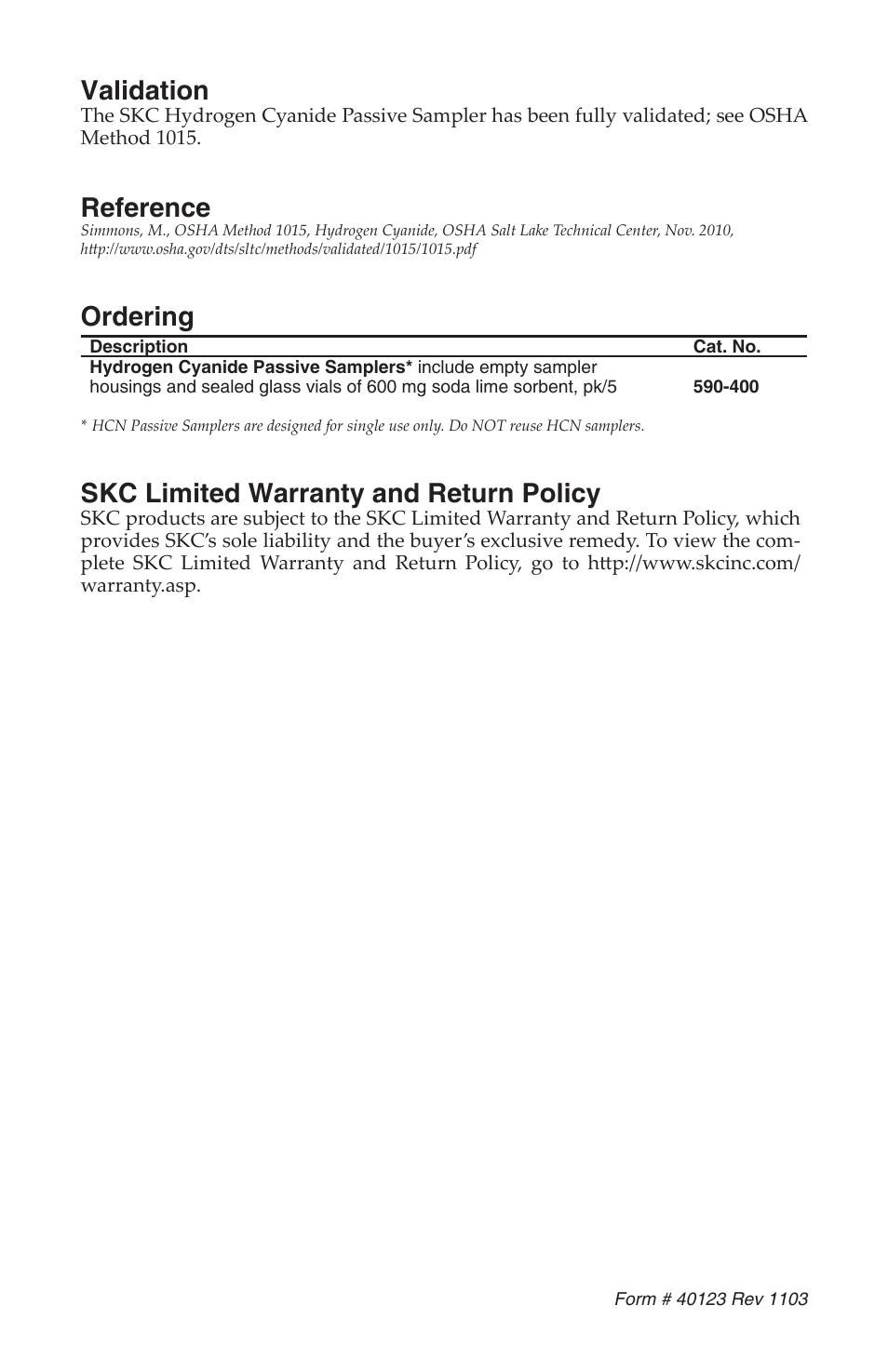 Validation, Reference, Ordering | Skc limited warranty and return policy | SKC 590-400 Hydrogen Cyanide Passive Sampler User Manual | Page 4 / 4